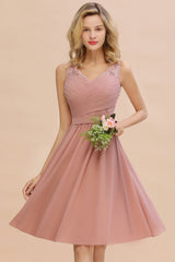 Affordable V-Neck Sleeveless Ruffles Short Lace Bridesmaid dresses Online-Babyonlines