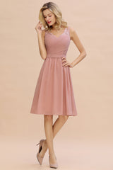Affordable V-Neck Sleeveless Ruffles Short Lace Bridesmaid dresses Online-Babyonlines