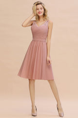 Affordable V-Neck Sleeveless Ruffles Short Lace Bridesmaid dresses Online-Babyonlines