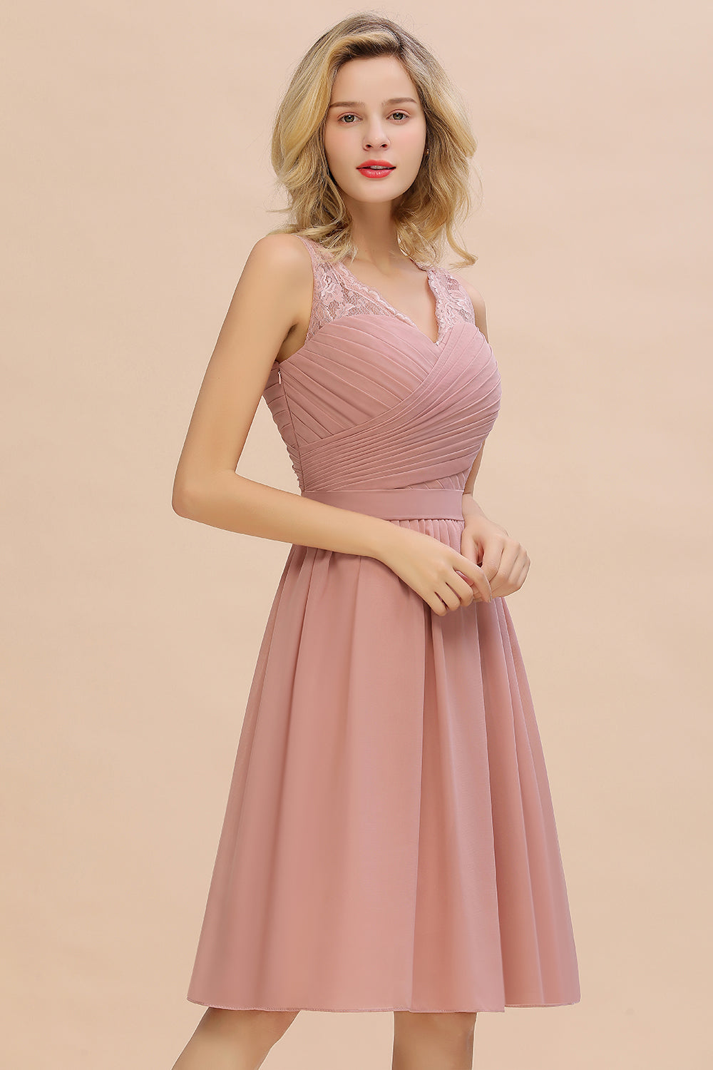 Affordable V-Neck Sleeveless Ruffles Short Lace Bridesmaid dresses Online-Babyonlines