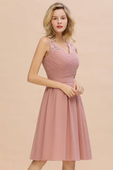 Affordable V-Neck Sleeveless Ruffles Short Lace Bridesmaid dresses Online-Babyonlines