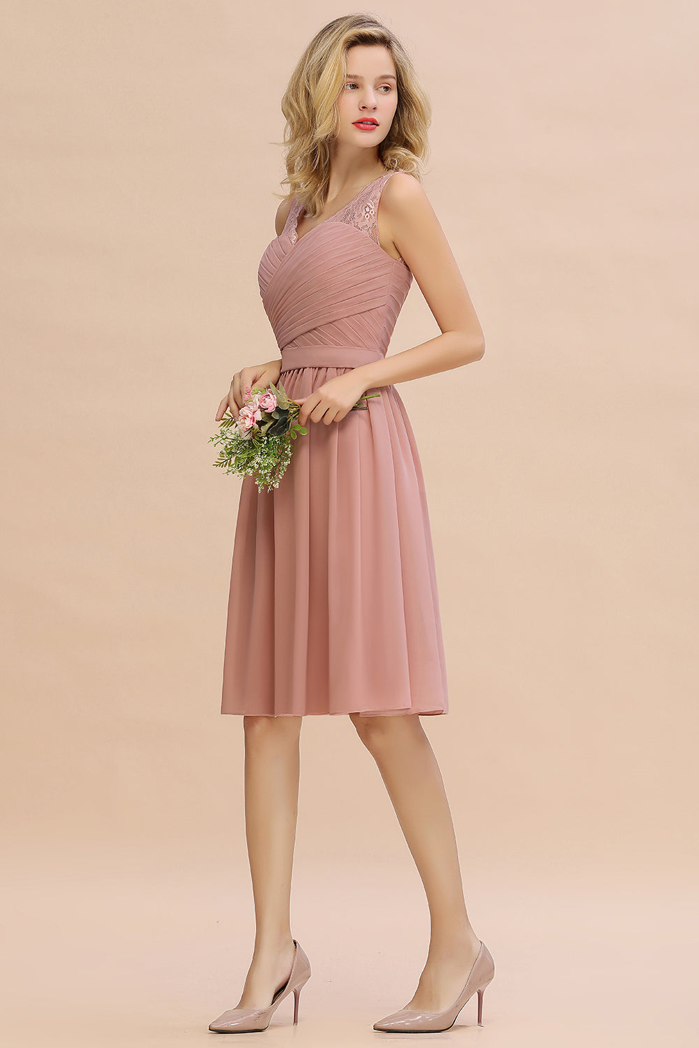 Affordable V-Neck Sleeveless Ruffles Short Lace Bridesmaid dresses Online-Babyonlines
