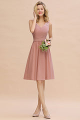 Affordable V-Neck Sleeveless Ruffles Short Lace Bridesmaid dresses Online-Babyonlines