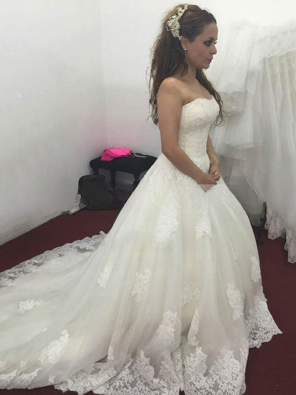 Applique Lace Court Train Ball Gown Wedding Dress