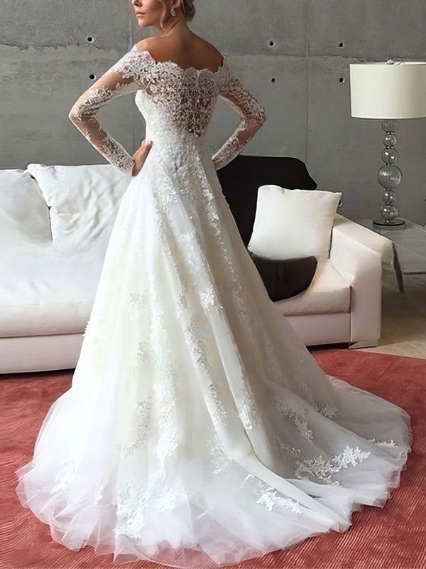 Applique Lace Off-the-shoulder Tulle Sweep Train Ball Gown Wedding Dress