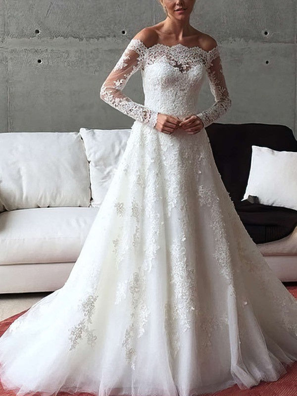 Applique Lace Off-the-shoulder Tulle Sweep Train Ball Gown Wedding Dress