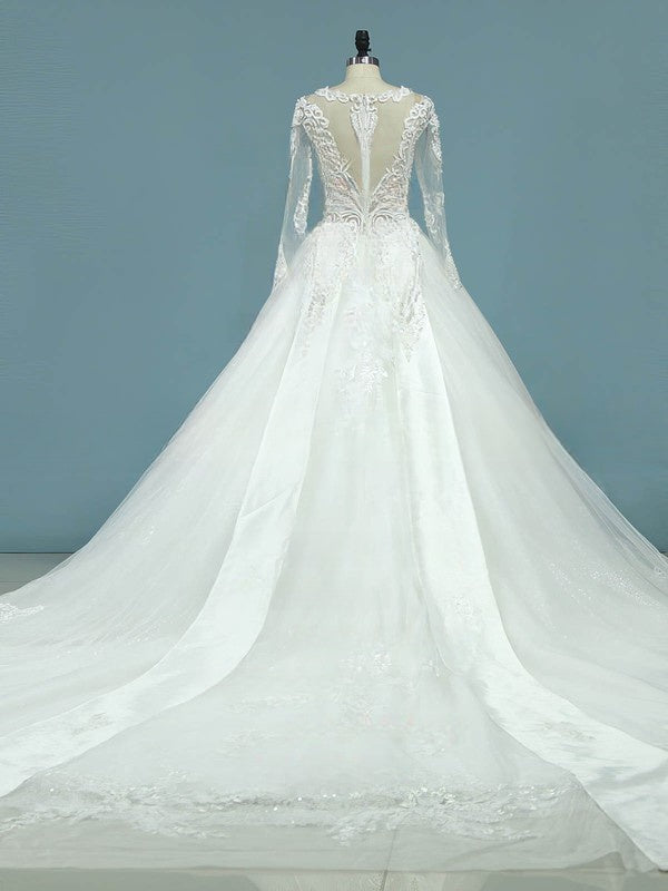 Ball Gown Illusion Tulle Chapel Train Wedding Dress With Beading