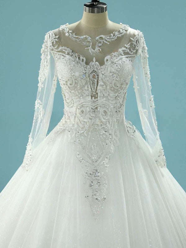 Ball Gown Illusion Tulle Chapel Train Wedding Dress With Beading