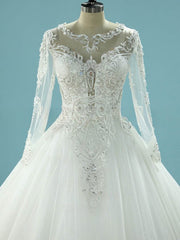 Ball Gown Illusion Tulle Chapel Train Wedding Dress With Beading