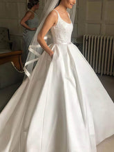 Ball Gown Square Neckline Satin Sweep Train Wedding Dresses With Pockets
