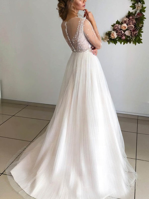 Beaded Ball Gown Illusion Tulle Sweep Train Wedding Dress
