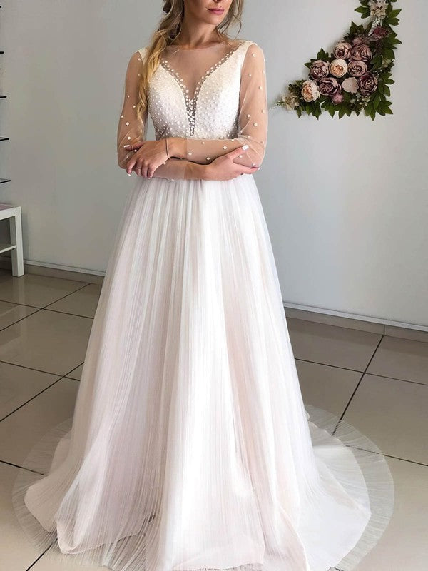 Beaded Ball Gown Illusion Tulle Sweep Train Wedding Dress
