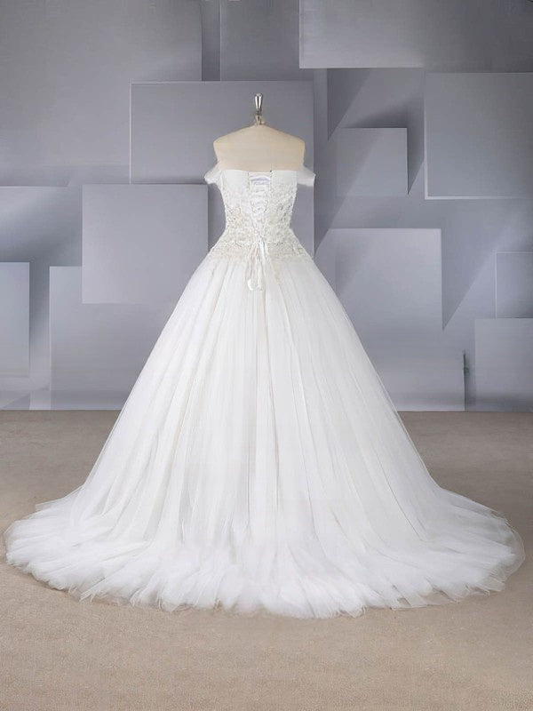 Beaded Off-the-shoulder Court Train Tulle Ball Gown Wedding Dress