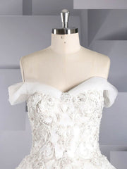 Beaded Off-the-shoulder Court Train Tulle Ball Gown Wedding Dress