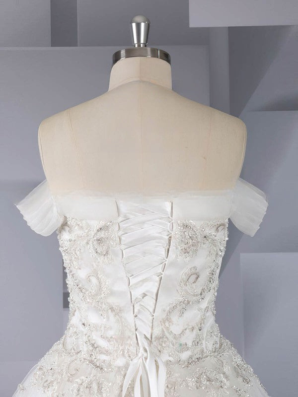 Beaded Off-the-shoulder Court Train Tulle Ball Gown Wedding Dress