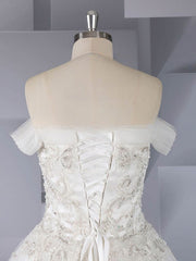 Beaded Off-the-shoulder Court Train Tulle Ball Gown Wedding Dress