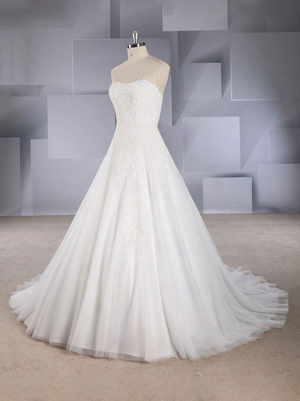 Beaded Sweetheart Ball Gown Tulle Wedding Dress with Sweep Train