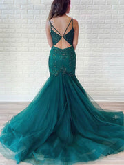 Beaded Tulle Prom Dress with Trumpet/Mermaid V-Neck and Sweep Train