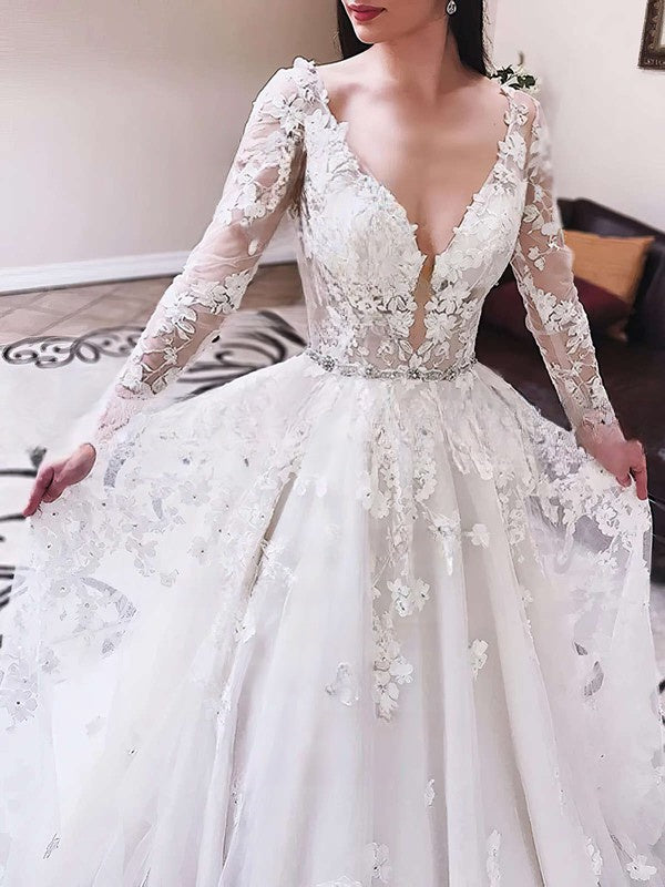 Beaded Tulle V-neck Floor-length Ball Gown Wedding Dress