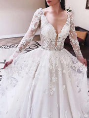 Beaded Tulle V-neck Floor-length Ball Gown Wedding Dress