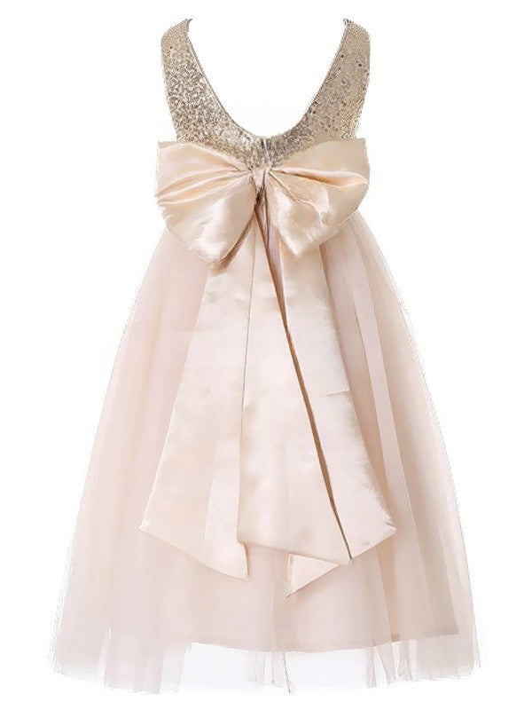 Beautiful A-line Scoop Neck Tulle Sequined Floor-length Bow Flower Girl Dresses at Discounted Prices