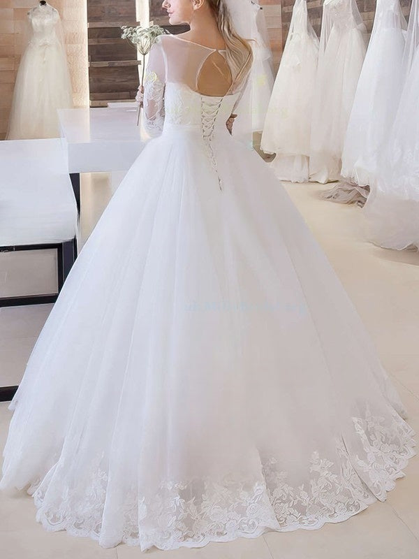Beautiful Ball Gown Illusion Tulle Floor-length Wedding Dresses With Appliques Lace