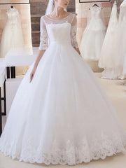 Beautiful Ball Gown Illusion Tulle Floor-length Wedding Dresses With Appliques Lace