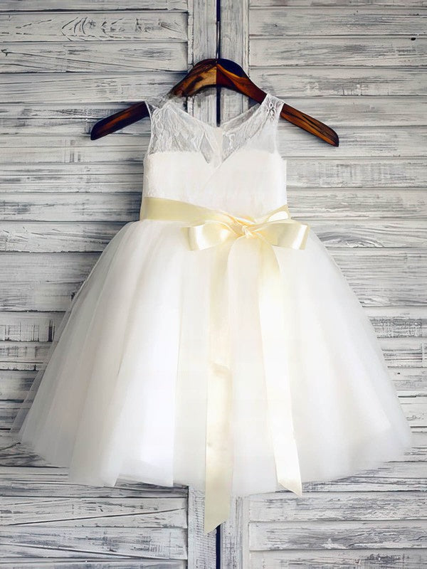 Beautiful Ball Gown Scoop Neck Lace Tulle Flower Girl Dresses with Sashes/Ribbons and Ankle-length Hem