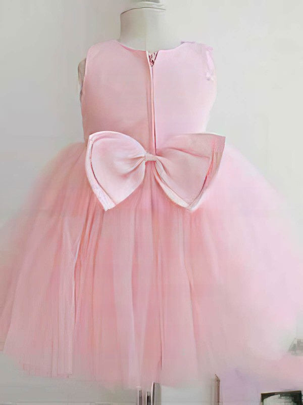Beautiful Ball Gown Scoop Neck Tulle Elastic Woven Satin Ankle-length Bow Flower Girl Dress