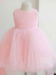 Beautiful Ball Gown Scoop Neck Tulle Elastic Woven Satin Ankle-length Bow Flower Girl Dress