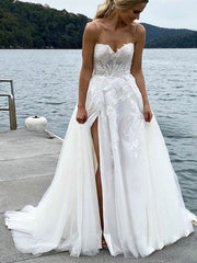 Beautiful Ball Gown Sweetheart Tulle Sweep Train Wedding Dresses With Split Front