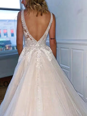 Beautiful Ball Gown V-neck Tulle Sweep Train Wedding Dresses With Appliques Lace