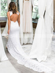 Beautiful High Neck Lace Trumpet/Mermaid Wedding Dress with Split Front Court Train