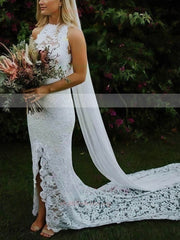 Beautiful High Neck Lace Trumpet/Mermaid Wedding Dress with Split Front Court Train