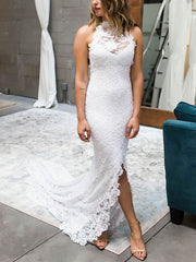 Beautiful High Neck Lace Trumpet/Mermaid Wedding Dress with Split Front Court Train