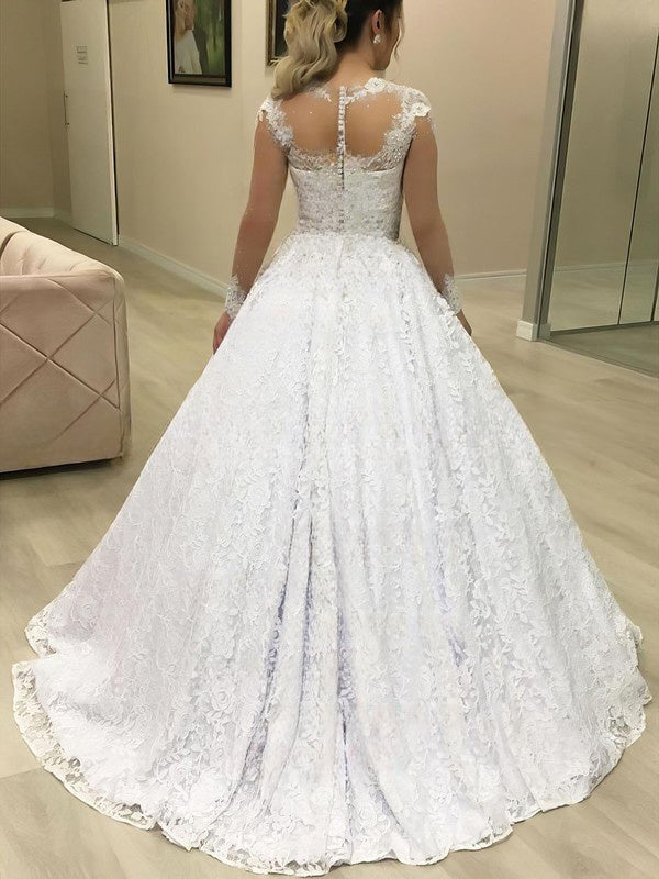 Beautiful Illusion Lace Ball Gown Wedding Dress With Beading