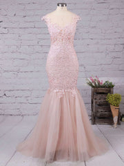 Beautiful Trumpet/Mermaid Illusion Tulle Prom Dress with Appliques and Lace