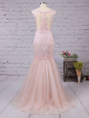 Beautiful Trumpet/Mermaid Illusion Tulle Prom Dress with Appliques and Lace