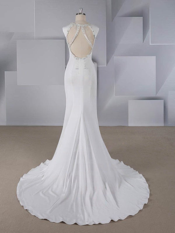 Beautiful Trumpet/Mermaid V-neck Stretch Crepe Wedding Dresses with Beading and Sweep Train