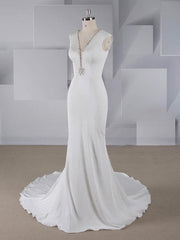 Beautiful Trumpet/Mermaid V-neck Stretch Crepe Wedding Dresses with Beading and Sweep Train