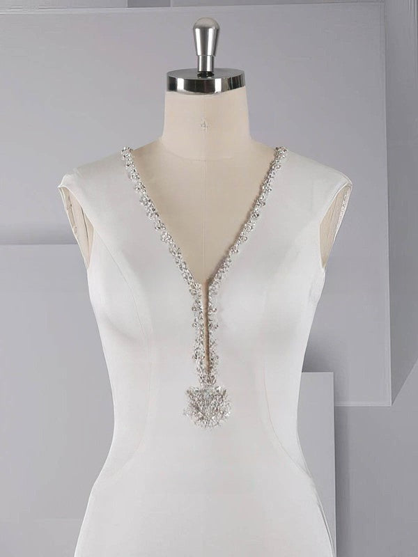 Beautiful Trumpet/Mermaid V-neck Stretch Crepe Wedding Dresses with Beading and Sweep Train