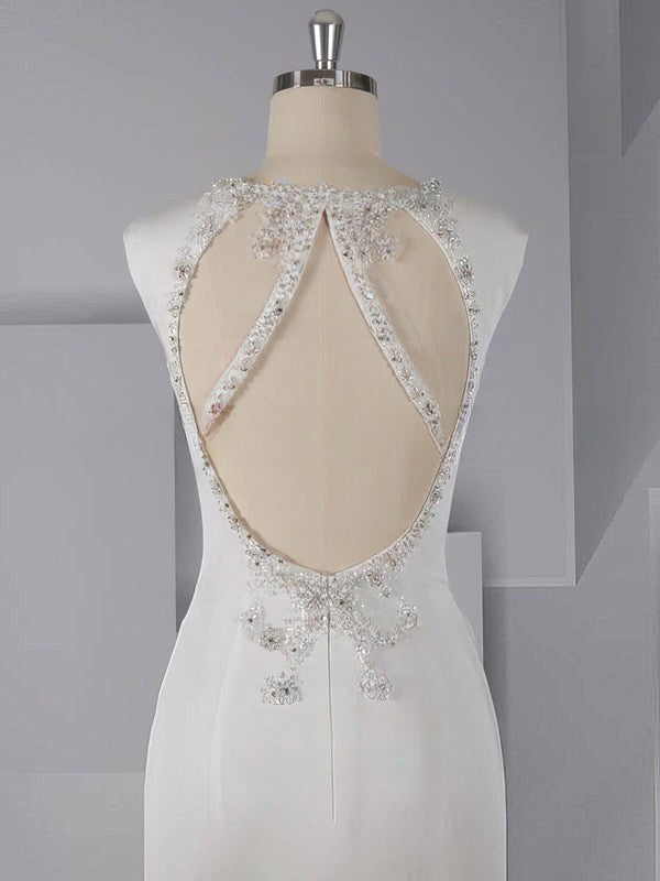 Beautiful Trumpet/Mermaid V-neck Stretch Crepe Wedding Dresses with Beading and Sweep Train