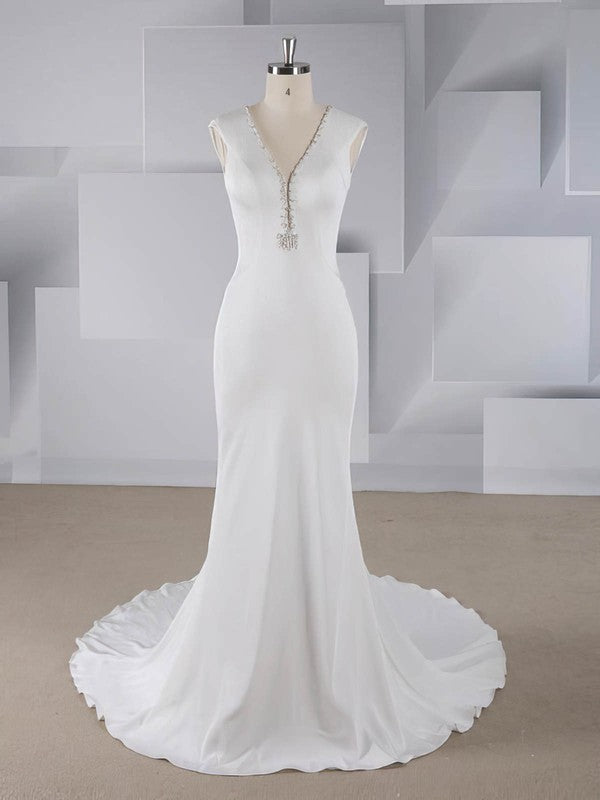 Beautiful Trumpet/Mermaid V-neck Stretch Crepe Wedding Dresses with Beading and Sweep Train