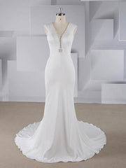 Beautiful Trumpet/Mermaid V-neck Stretch Crepe Wedding Dresses with Beading and Sweep Train