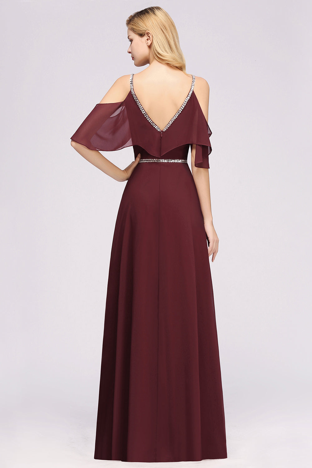 Burgundy Cold-shoulder Long Bridesmaid Dress With Half Sleeve-Babyonlines