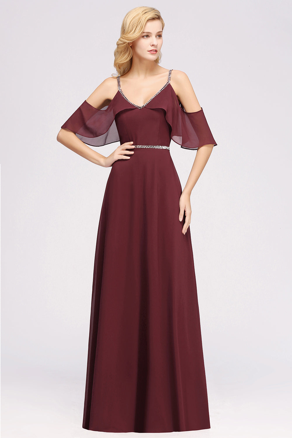 Burgundy Cold-shoulder Long Bridesmaid Dress With Half Sleeve-Babyonlines