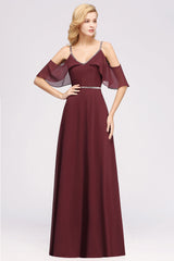 Burgundy Cold-shoulder Long Bridesmaid Dress With Half Sleeve-Babyonlines
