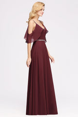 Burgundy Cold-shoulder Long Bridesmaid Dress With Half Sleeve-Babyonlines