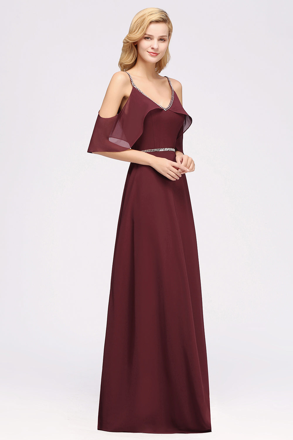 Burgundy Cold-shoulder Long Bridesmaid Dress With Half Sleeve-Babyonlines