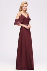 Burgundy Cold-shoulder Long Bridesmaid Dress With Half Sleeve-Babyonlines